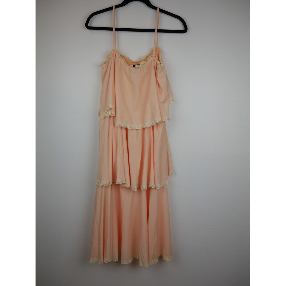 Vintage The Dress Peach Tiered Lace Trim Spaghetti Strap Midi Dress